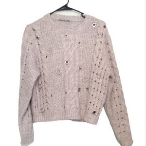 Zara Knit Embellished Grommet & Ring Gray Chunky Knit Sweater Size Medium